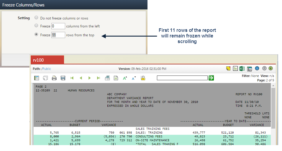 Screenshot of Freeze Columns and Rows dialog along with resulting user interface impact.